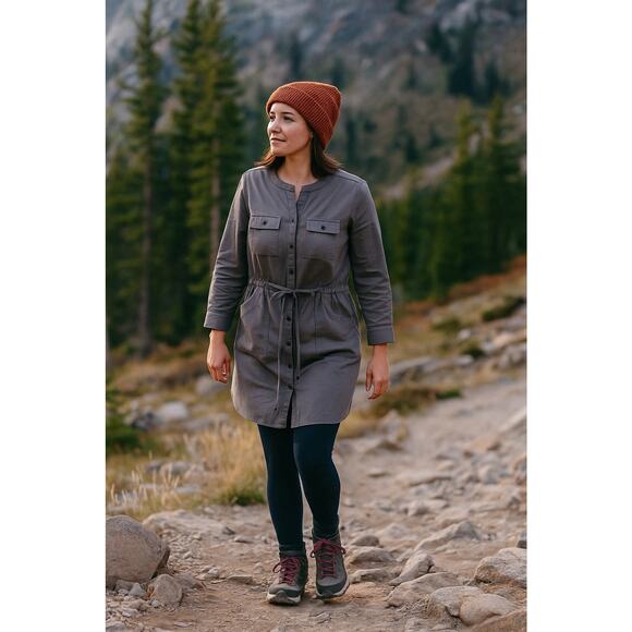 L.L. BEAN Gray Cotton Utility Drawstring Shirt Dress - Picture 2 of 14